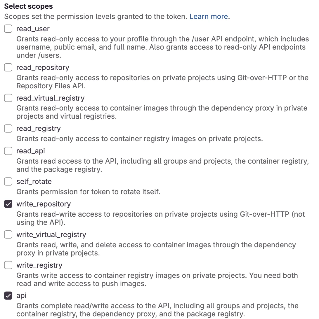 GitLab's legacy token form with the scopes write_repository and api ticked, and the others clear.