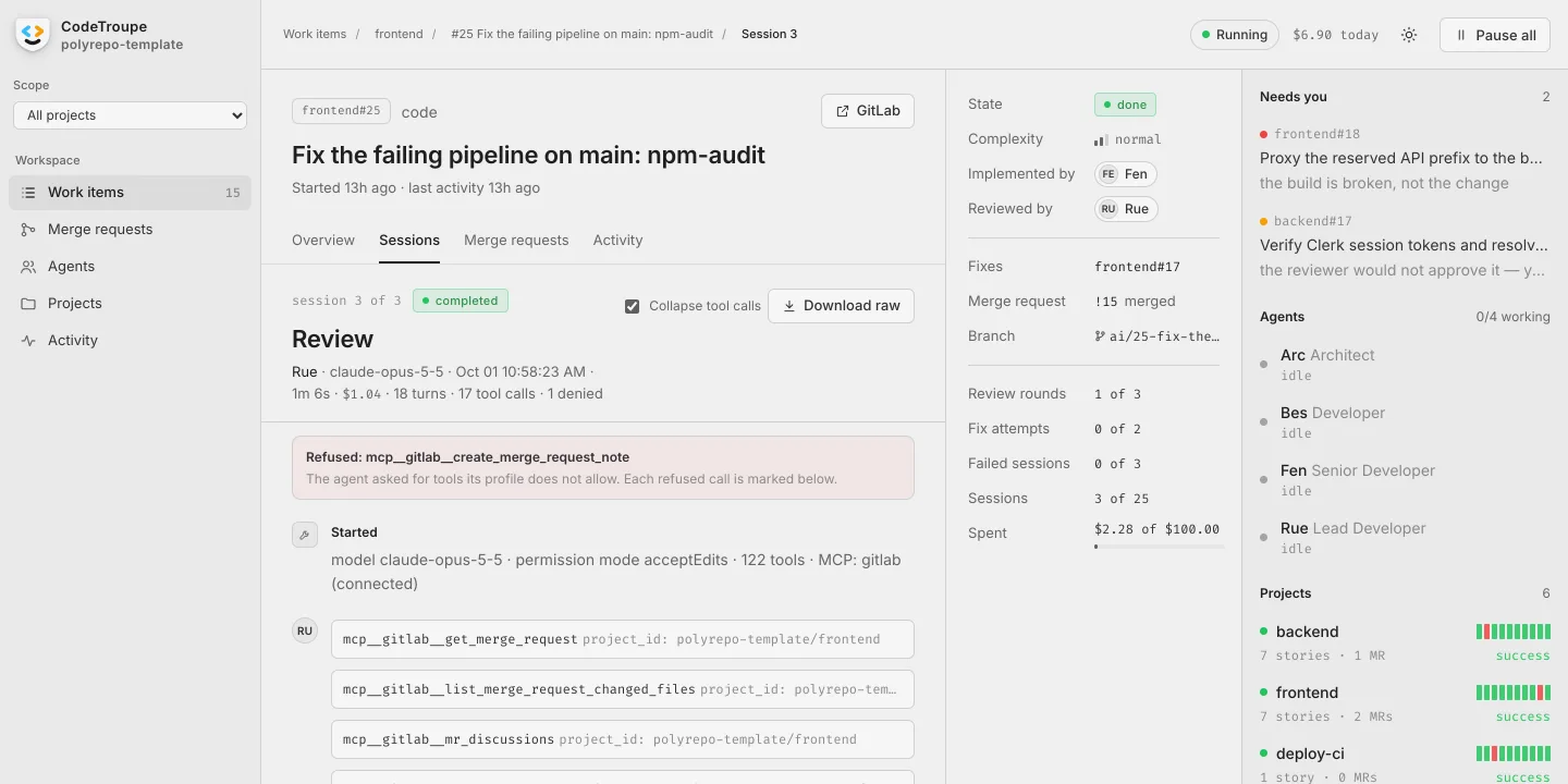 CodeTroupe showing Rue's review session for the story frontend#25: the model, its turns and cost, one refused tool call, and its first GitLab calls.