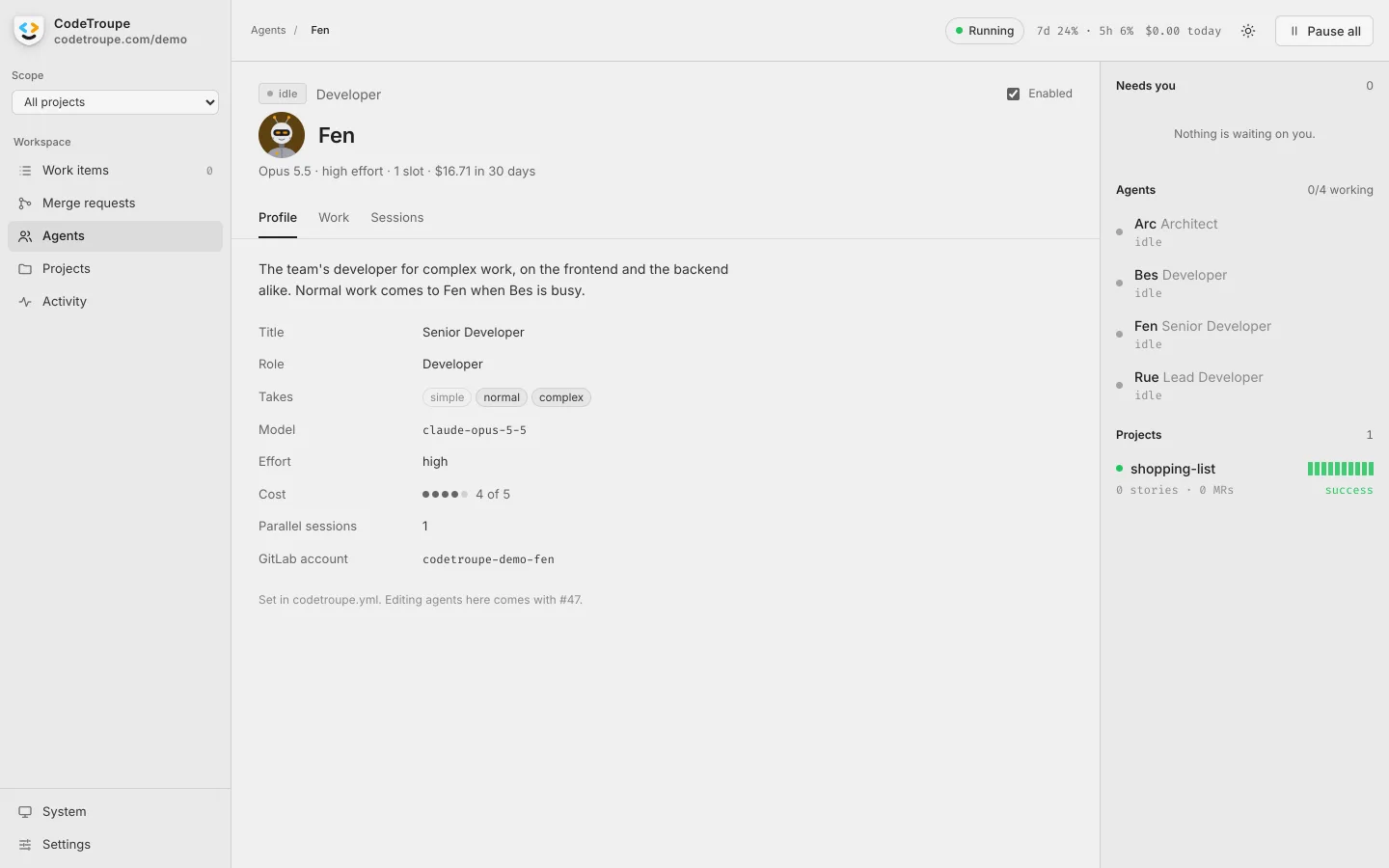 Fen&rsquo;s profile: Senior Developer, Claude Opus at high effort, with its own GitLab account.