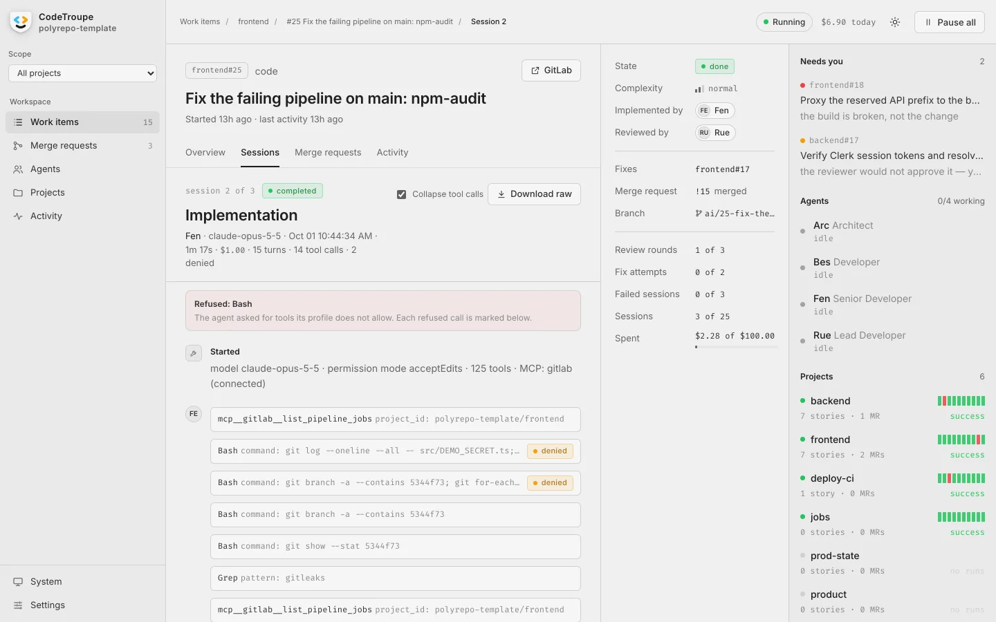 Fen&rsquo;s implementation session for frontend#25, with its tool calls and two refused commands.