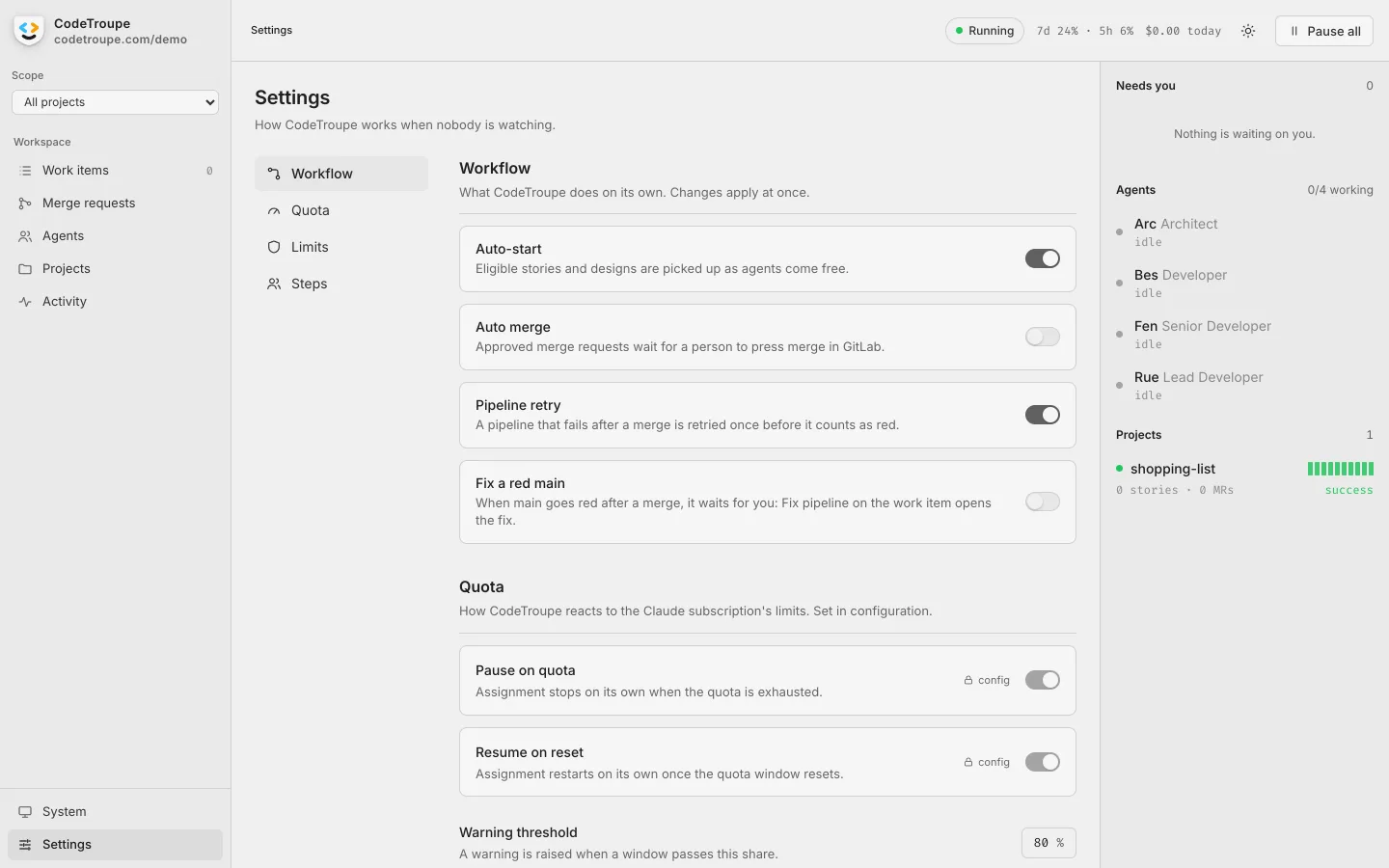 The settings: auto-start, auto merge, pipeline retry, fixing a red main, and the quota.